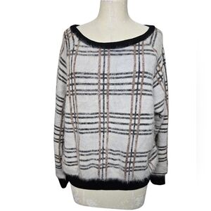 Payton Jensen Plaid Black White Metallic Fuzzy Sweater M